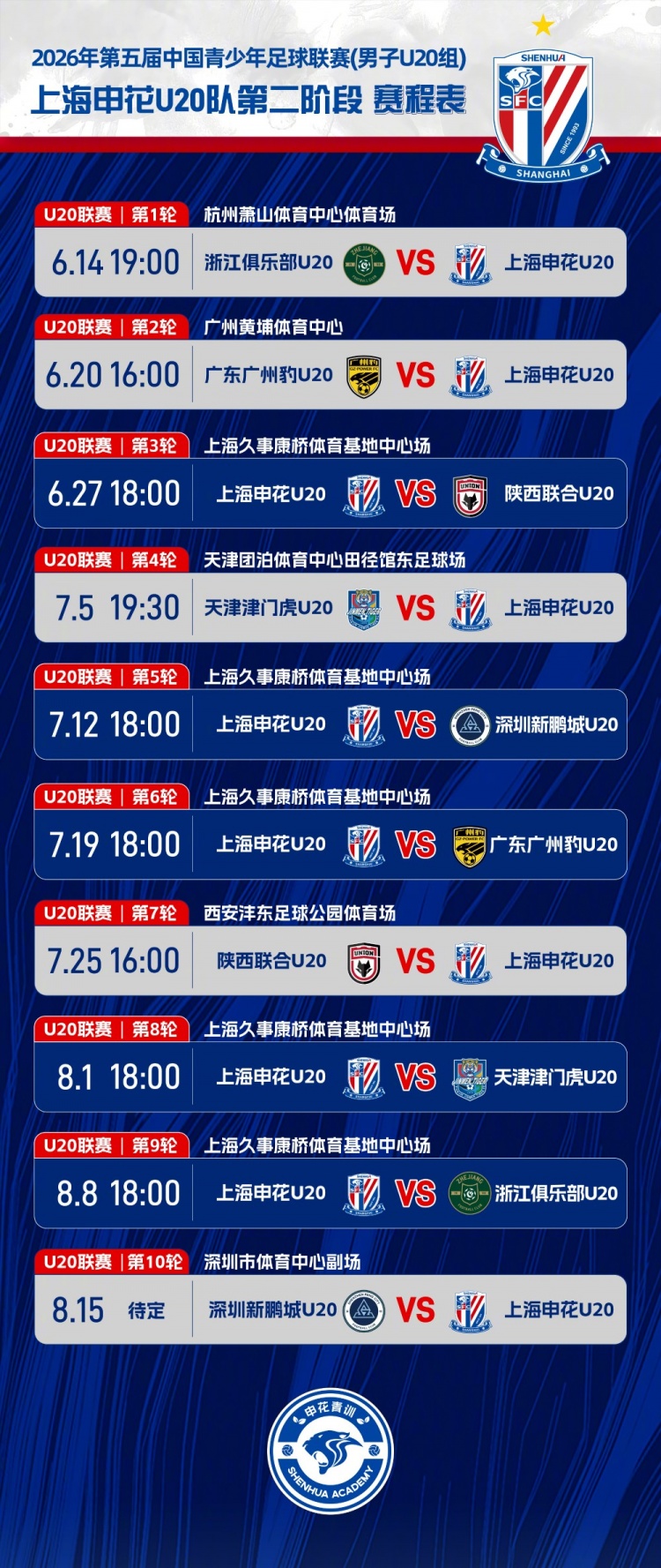 中青赛U20第二阶段赛程出炉 上海申花6月14日客战浙江