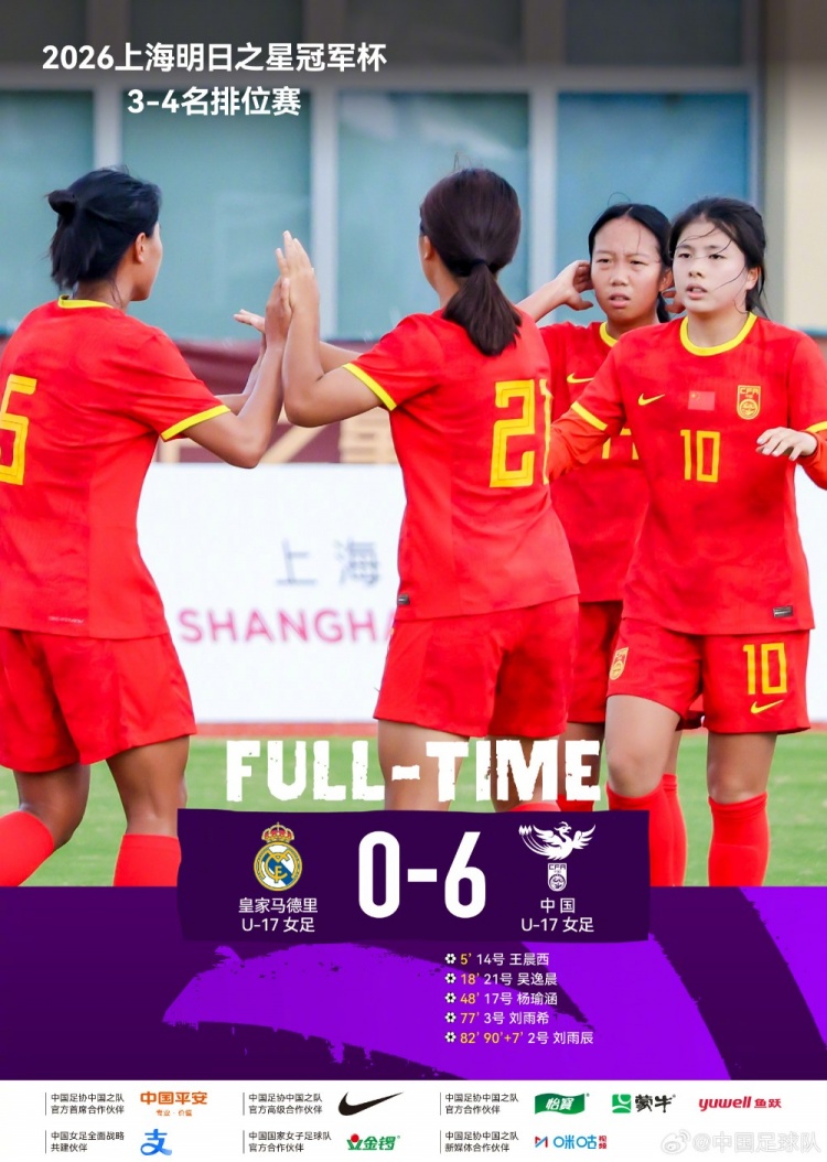 中国U17女足6比0皇家马德里U17女足，获明日之星冠军杯第三名